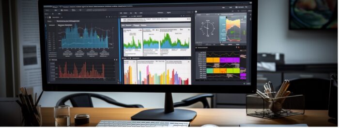 - A desktop computer monitor displaying a variety of charts including area charts