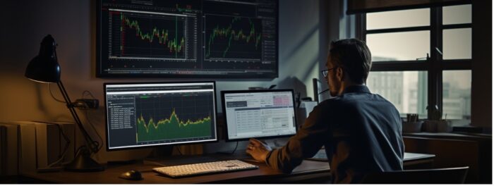 A man working at a desk with several desktop monitors showing data visualization tools