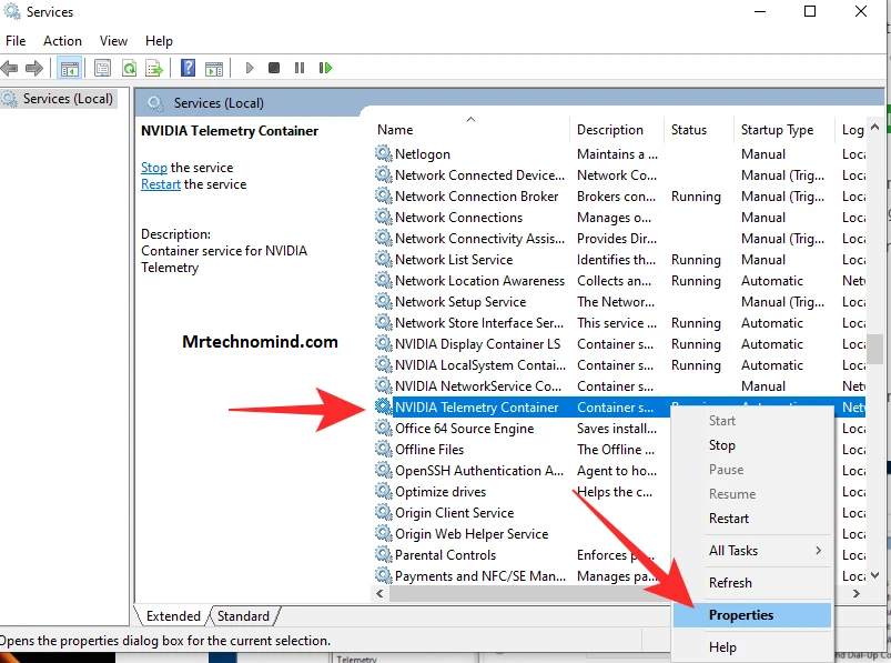 Look for 'Nvidia Telemetry Container', right-click on it and select 'Properties'.